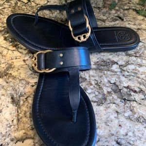 Tory Burch Black & Gold Buckle Marsden Leather T-Strap Sandals 10